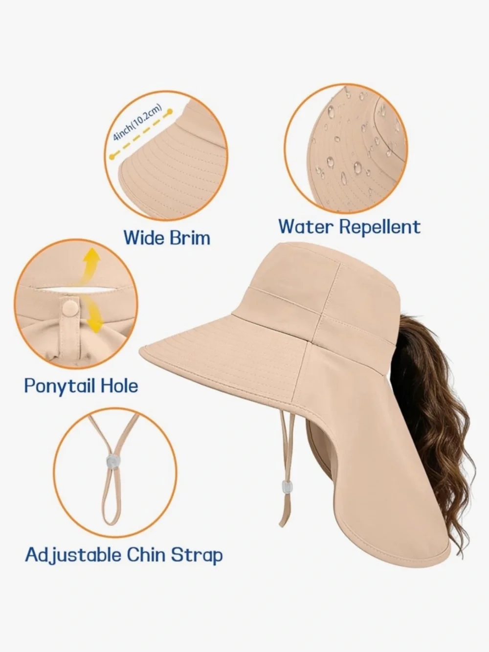 Beige UPF 50+ Wide Brim Sun Hat Neck Flap Ponytail Hole NWT - Picture 5 of 6